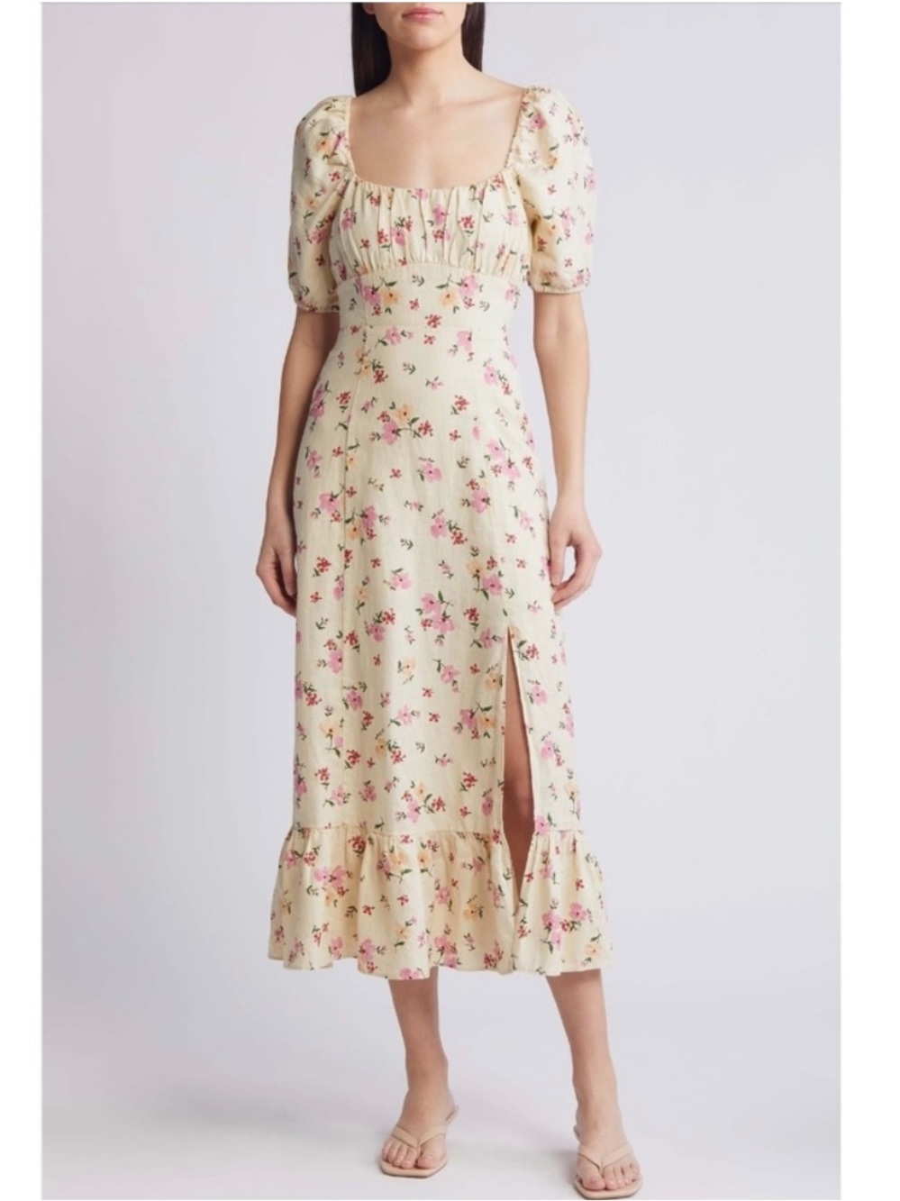 & Other Stories Floral Puff Sleeve Linen Midi Dress Size 6